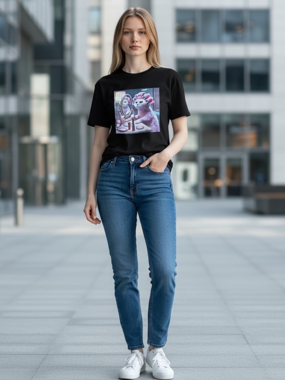 NEW Pink Cat Curlers Makeup Lipstick Black T-shirt Graphic Print Tee 100% Cotton